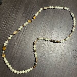 Vintage 40” heavy faux pearl, genuine tigers eye and silver beaded necklace